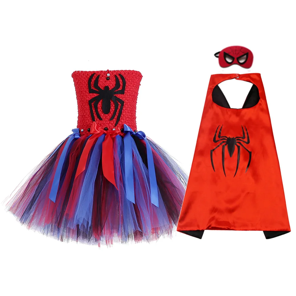 

2019 Girls Summer Dress Spiderman Costume tutu Dresses with Cloak Mask for Kids 2-8Y Birthday Party Children's Clothes