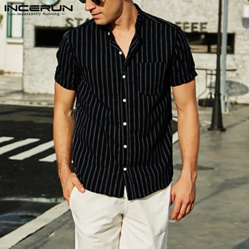 2019 полосатая Мужская брендовая рубашка с коротким рукавом и стоячим воротником, Повседневная блузка, топы, уличная деловая рубашка, Chemise