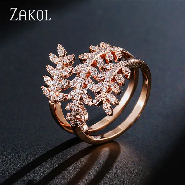 Модные открытые кольца с микро-покрытием из кубического циркония от ZAKOL, регулируемые кольца на палец с кристаллами и листьями для женщин, свадебные ювелирные изделия FSRP223 - Цвет основного камня: Rose Gold Color