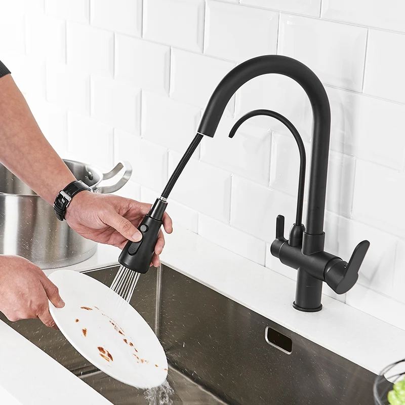 FLG Black Kitchen Faucet Filter Water Sink Faucet Pull Down Out Taps Swivel Multifunction Water Outlet Mixer Tap 1030-33B