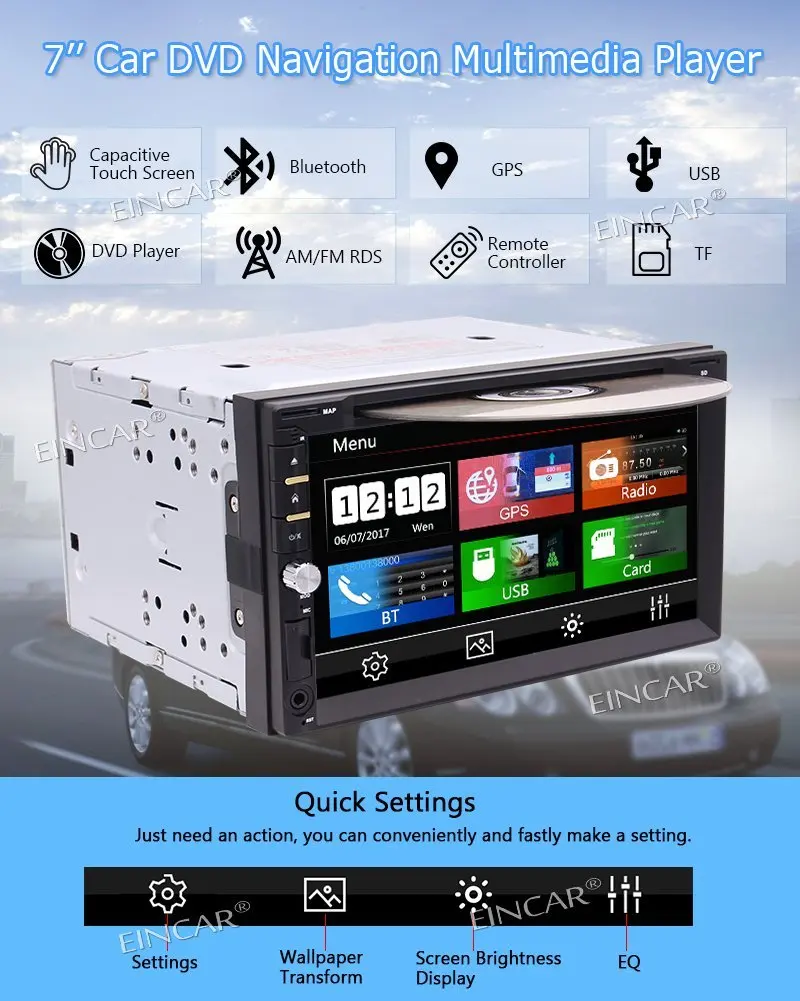 Top Eincar Car Stereo DVD CD Player GPS Navigation Radio Video Audio Bluetooth 7 Inch Capacitive Touch Screen SD,USB,Radio,FM,AM 2
