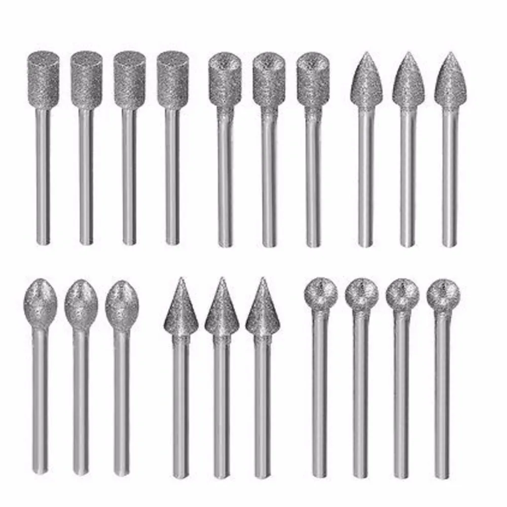 

SPTA 20Pcs 3mm Durable Shank Diamond Burr Bit Cut Engraving Carving Rotary Drill Bits For Proxxon Dremel Rotary Tools