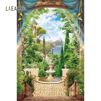 

Laeacco Tropical Garden Flower Vine Fountain Mountain Tree Cloudy Scenic Photo Background Photography Backdrops For Photo Studio
