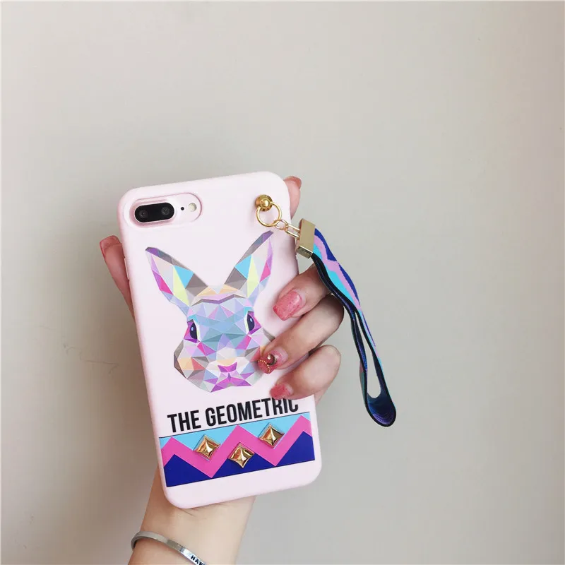 LUDI Hot Retro 3D Patterned Tiger Rabbit Stud Rivet Phone Case for iPhone 7 7Plus Wrist Strap Phone Bag for iPhone X 6 6s 8 Plus4