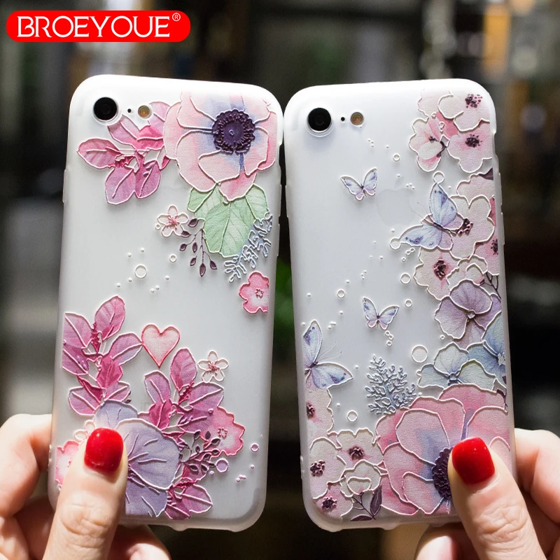 

BROEYOUE Case For iphone7 6 8 Plus 3D Soft TPU Silicone Matte Luxury Flower Cover Case 3D For iphone 8 X 5 5 Phone Cover Cases