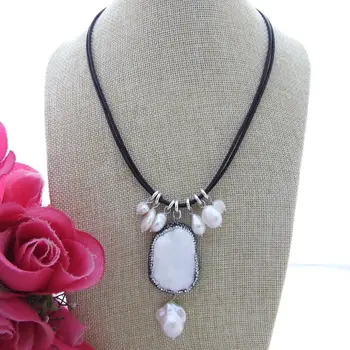 

N110211 White Keshi Pearl Necklace White Quartz Druzy Pendant