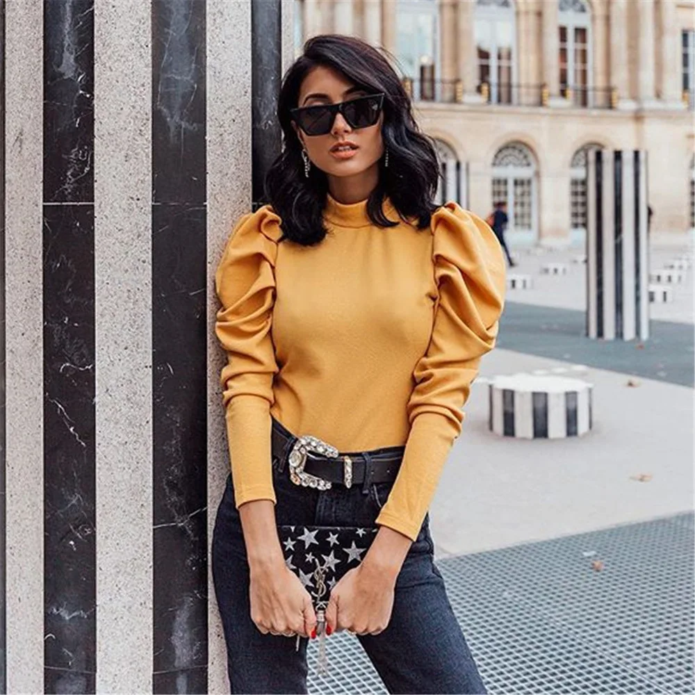 

Women 2019 New Solid Color Round Neck Princess Sleeves Slim Shirt Female Autumn Fashion Streetwear Tops Full Sleeve Hot Sale Top