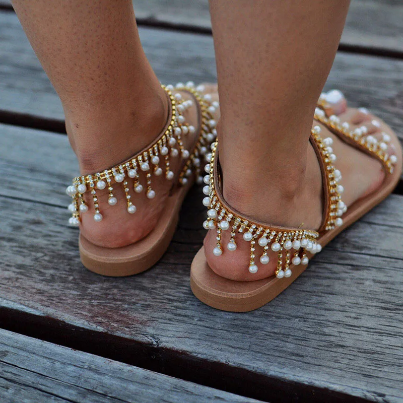 Women Sandals 2019 Women Shoes Summer Flat Sandals Ladies Fashion Pearl Classic Sandals Bead Slippers Sandalias Plus Size 35-43