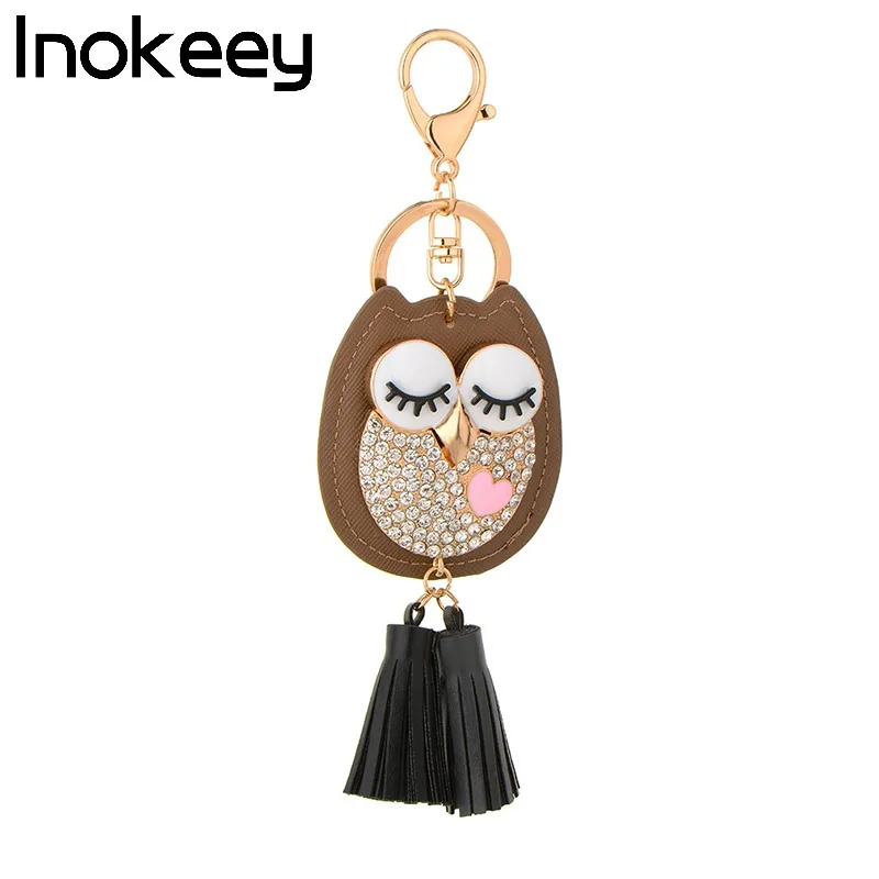 

Inokeey Alloy Grey Brown Color Leather Owl Key Ring Men Women Metal Rhinestone Animal Key Chain Boys' Girl's Bag Key Accessories