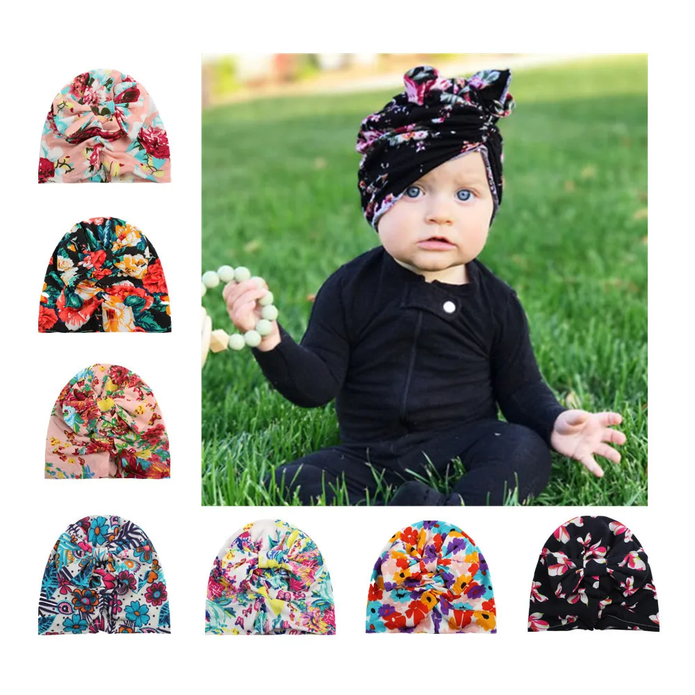 DreamShining Printed Bowknot Baby Girl Hats Spring Newborn Cap Bohemian Turban Toddlers Hat For