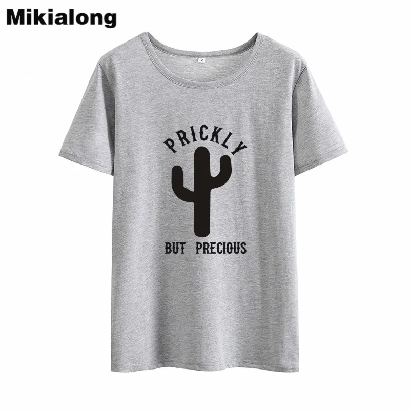 Funny Cow & Cactus Graphic T-Shirt For Women - Light Grey Short Sleeve Casual Tee (Size S)