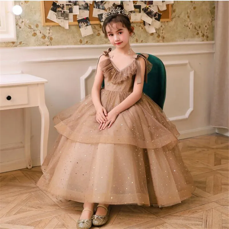 

Children Mesh Sequined Dress Long Appliques Shoulderless Flower Girl Dress Kids Performance Show Party First Communion Gowns N01