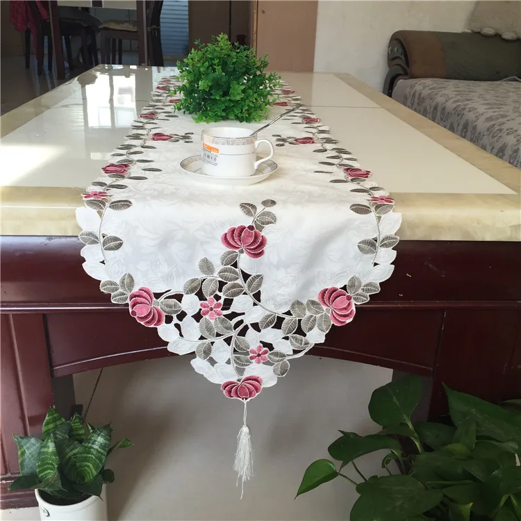 

Modern white satin embroidery table runner cloth cover nappe Christmas mantel tablecloth placemat towel home wedding decor