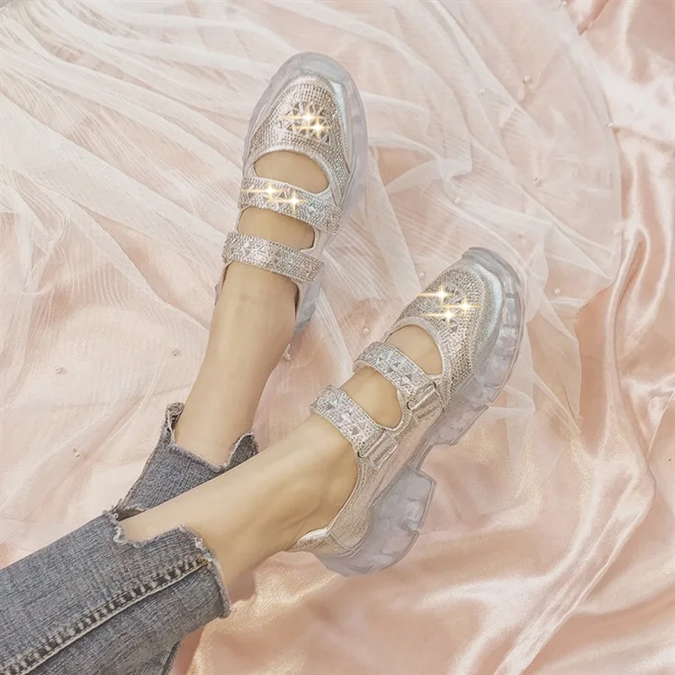 XJRHXJR New Trendy Crystal Chunky Sandals Women Thick Sole Flat Shoes Ladies Mary Jane Platform Causal Shoes Jelly Sandals 2019