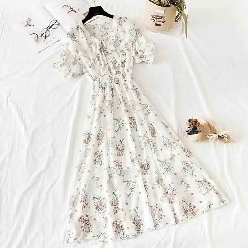 Шифоновое платье Для женщин летние шорты рукавом Цветочный принт платья Винтаж с воротником в форме листьев лотоса Повседневное длинное платье Элегантный Vestidos