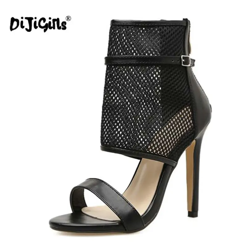 DIJIGIRLS Sexy Black Mesh Patchwork Ladies Cut Out Style High Heels