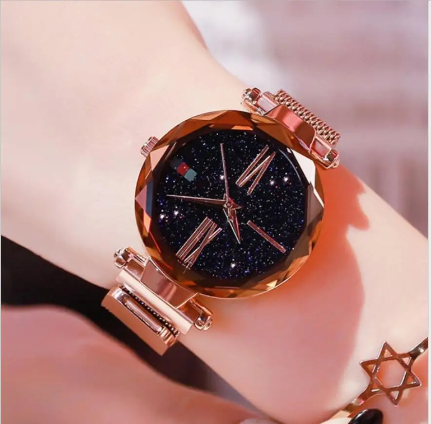 

2019 Luxury Rose Gold fashion retro in watch starry sky magnet buckle women for stainless steel Roman Numeral Gift Clock