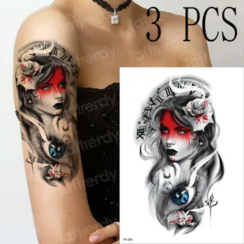 

3pcs/set temporary tattoo sticker Evil blue eyes Greek alphabet clock japanese samurai tattoo halloween girl zombie Blood flower