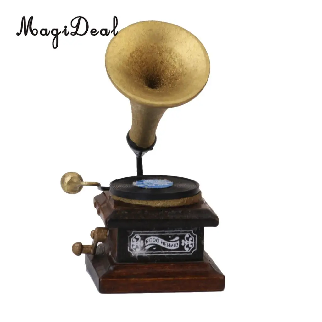 MagiDeal 1/12 Wood Miniature Phonograph Record Player Handicrafts Model for Dollhouse Garden Bedroom Living Room Decor Kids Toy