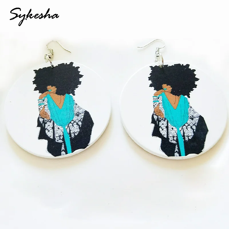 

2019 Africa Girl White Blue Printed Round Wood Earring Drop Earrings Fashion Party Xmas Gifts African Women Club Jewelry