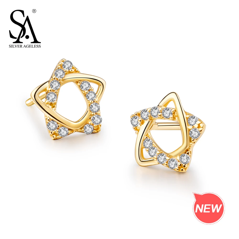 

SILVER AGELESS 9K Yellow Gold Star Stud Earrings for Women AAA Zirconia K-Gold Earrings 2018 Fine Jewelry Yellow Gold Earrings