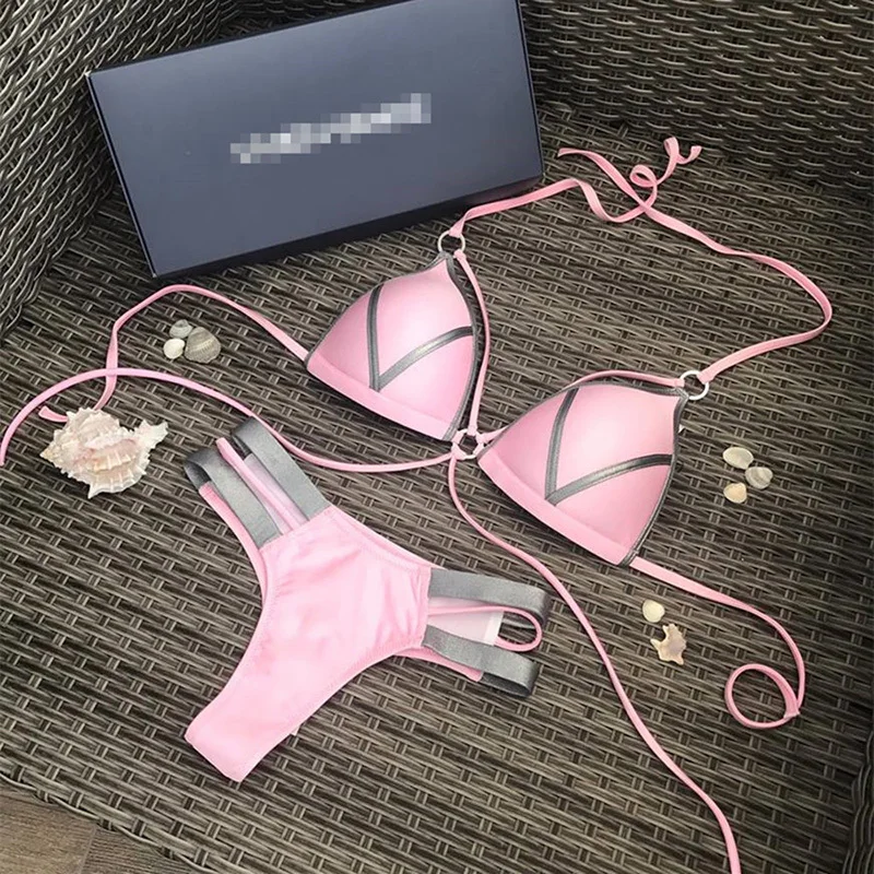 Billig Sexy String Tanga Bikini Set Rosa Frauen Push Up Bademode Biquini Halter Top 2 Stück Badeanzug Padded Bh Weibliche Bade anzug