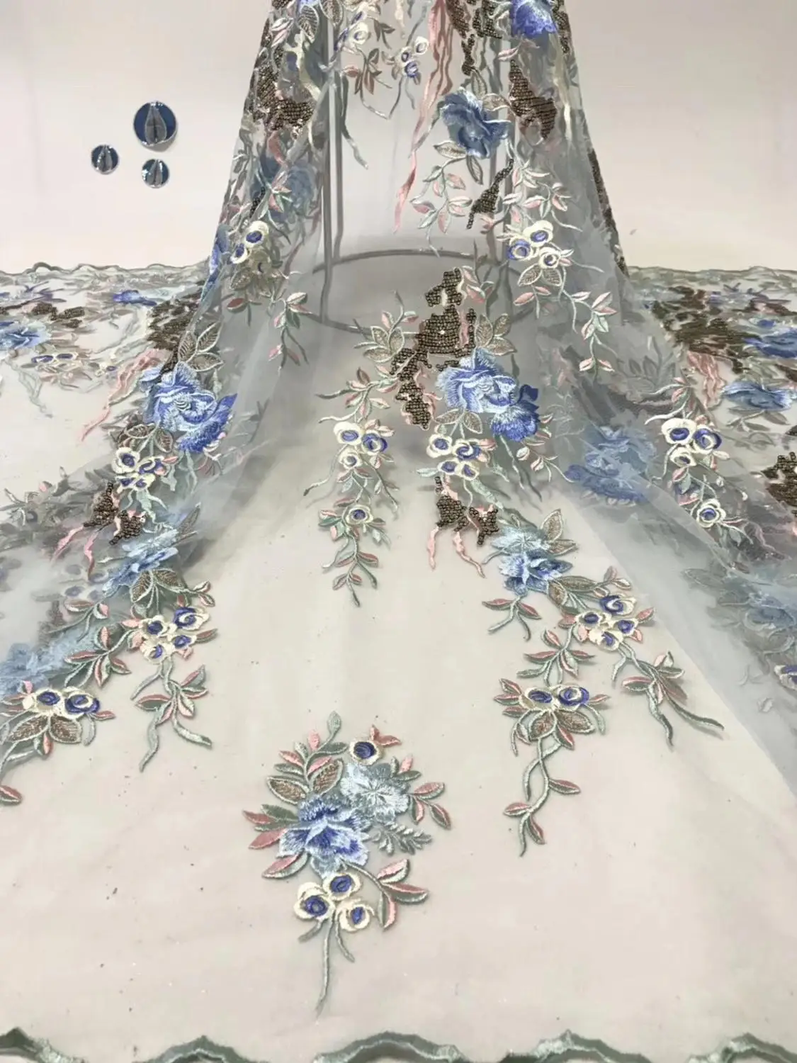 

Hot popular mixed color 3d flower with sequins on tulle lace fabric stage performance/evening dress lace fabric 5yards