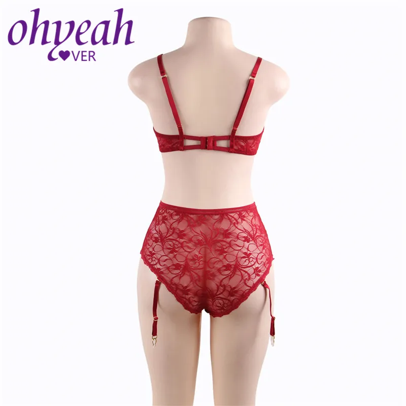 Ohyeahlover Lace Lingerie Set Sexy Bra 1/2 Cup Push-up Bandage Open Bust Bra With Garter Panty Floral Bra Transparent RM80646 Ohyeahlover Lace Lingerie Set Sexy Bra 1/2 Cup Push-up Bandage Open Bust Bra With Garter Panty Floral Bra Transparent RM80646