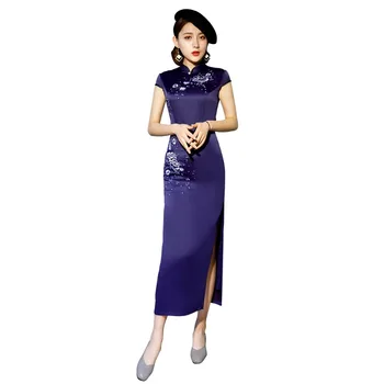 

Shanghai Story Blue Qipao Chinese Traditional dress Faux Silk Chinese Women's Clothing Long Floral Cheongsam