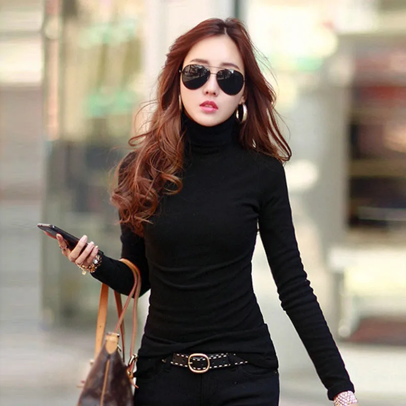 

Fall Winter Fashion Long Sleeve Turtleneck Tops Cotton Slim Fit T-Shirt Casual Women Sexy Stretchy Shirt Ladies Basic Tee