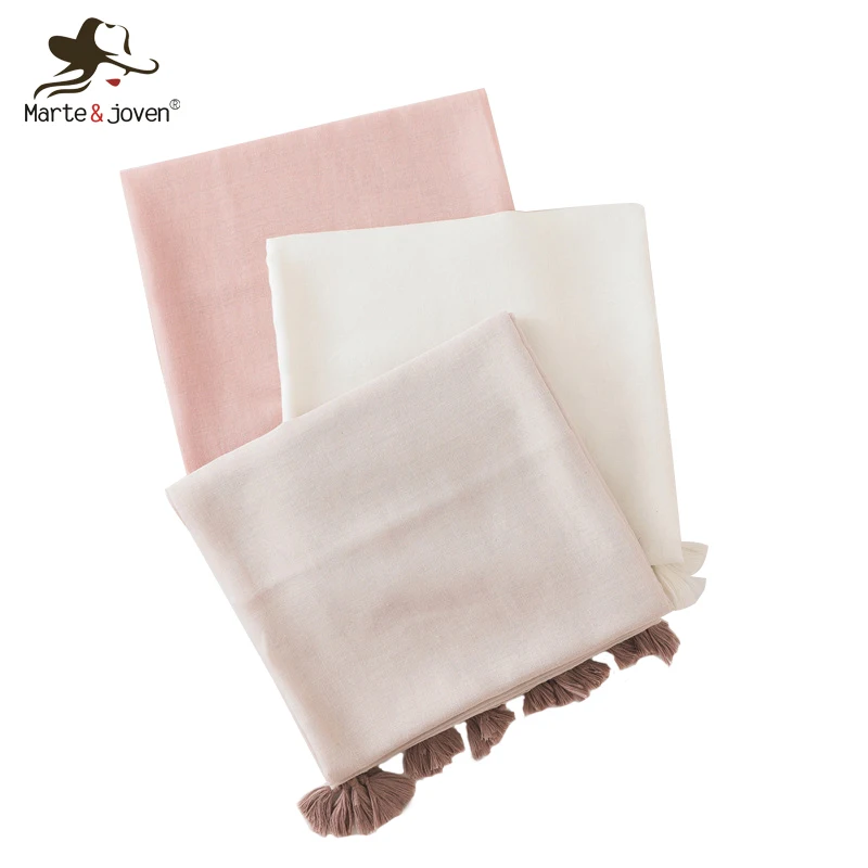 Marte& Joven элегантный бежевый/белый/розовый мягкий теплый шарф пашмины с кисточкой модная весенняя Вуаль шали чистый цвет большой размер хиджаб