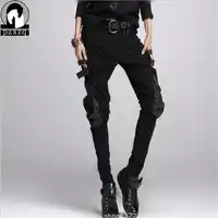 spring 2019 New Haren Pants Fashion Corea Women's Slim Punk Pu Leather Black Spliced Printed Elastic Pencil Pants Harem Trousers