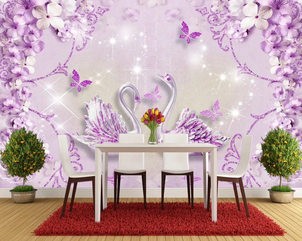 Бесплатная доставка Благородный и великолепный Фиолетовый европейские цветы 3d Лебедь ТВ фон росписи пользовательские Ресторан Спальня