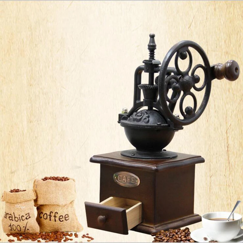 Ручная кофемолка Античный Чугун ручная мельница для кофе с настройками измельчения и ловли ящика