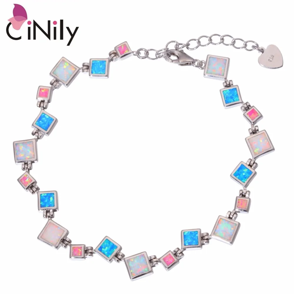 

CiNily 2019 Rainbow Fire Opal Fine Link Bracelets Silver Plated White Blue Pink Square Stone Summer Jewelry Gifts Woman Girl