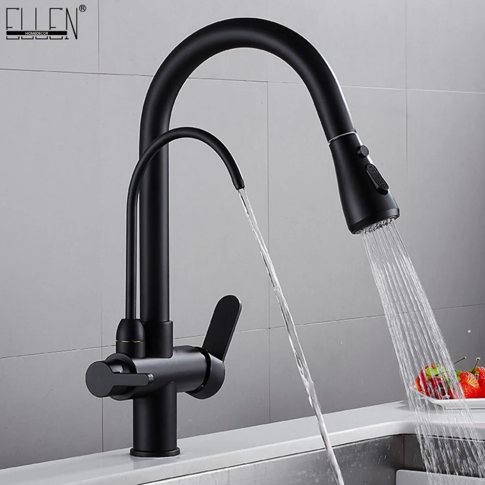  Deck Mounted Black Kitchen Faucets Pull Out Hot Cold Water Filter Tap for Kitchen Three Ways Sink M - 32992383959