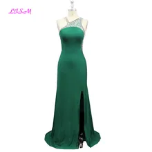 Green One Shoulder Mermaid Long Evening Dresses Elegant Crystals Formal Celebrity Dress Real Photos Backless Prom Gowns 2019