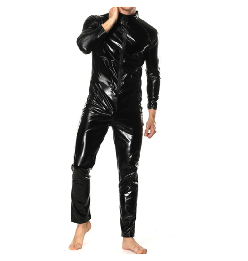2019 New Sexy Hot Faux Leather Pole dancing Uniform Men's Nightclub Shiny PVC Latex Slim Bodysuit Nightclub prince (6)