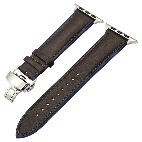 Французский ремешок для часов из натуральной кожи для iWatch Apple Watch 38 мм 40 мм 42 мм 44 мм серия 5 4 3 2 двойной цветной ремешок с застежкой-бабочкой - Цвет ремешка: Brown Blue S