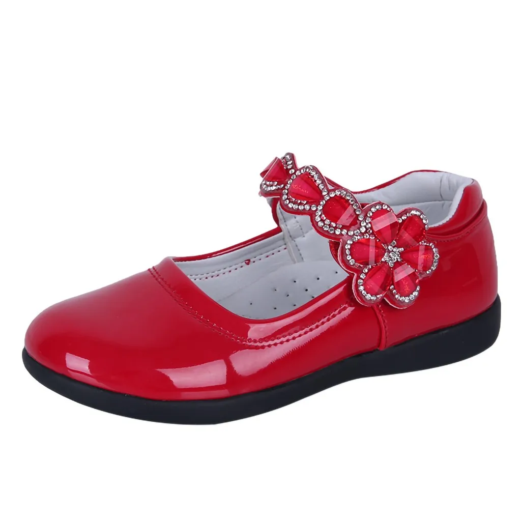 Кожаные туфли принцессы для девочек; Детские вечерние туфли для девочек с цветочным принтом; дышащие школьные туфли на плоской подошве; повседневная обувь со стразами; 6