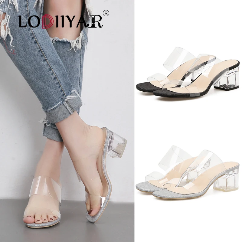 

Transparent Slipper High Heels Open Toe Mules Shoes Double Straps Crystal Clear Chunky Heel Casual Party Shoes Black Plus Size