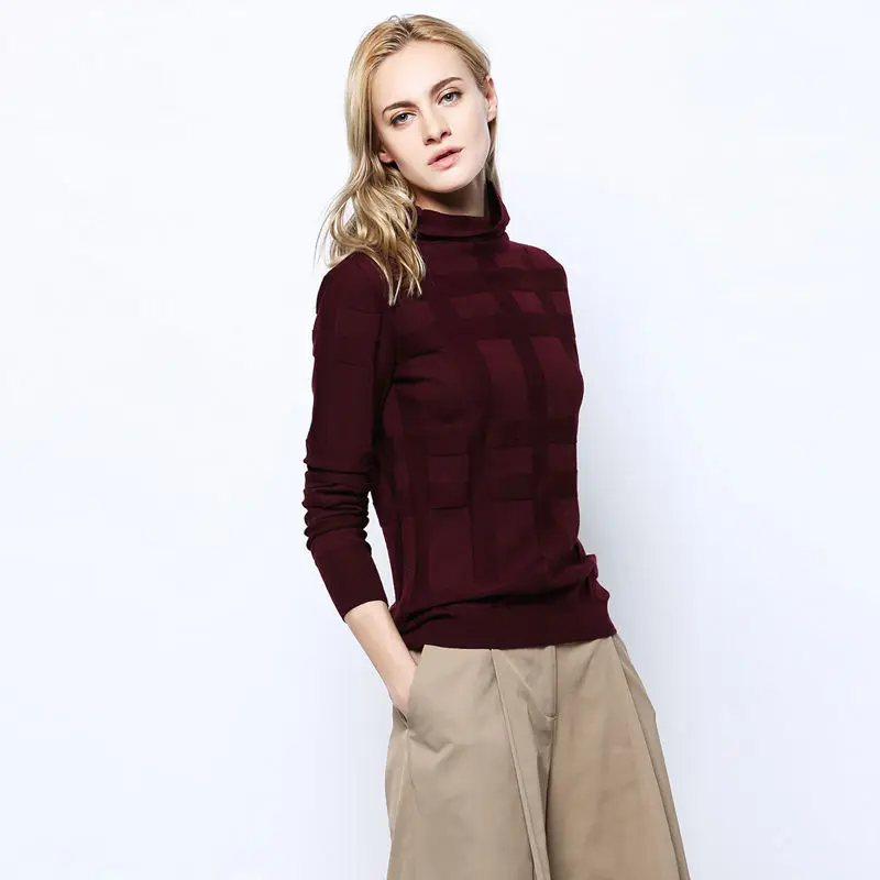 Women Wool Sweater 100%Merino Wool Turtleneck Pullovers Plaid Knitted Sweaters For Women 2018 Fall Winter Knitwwear