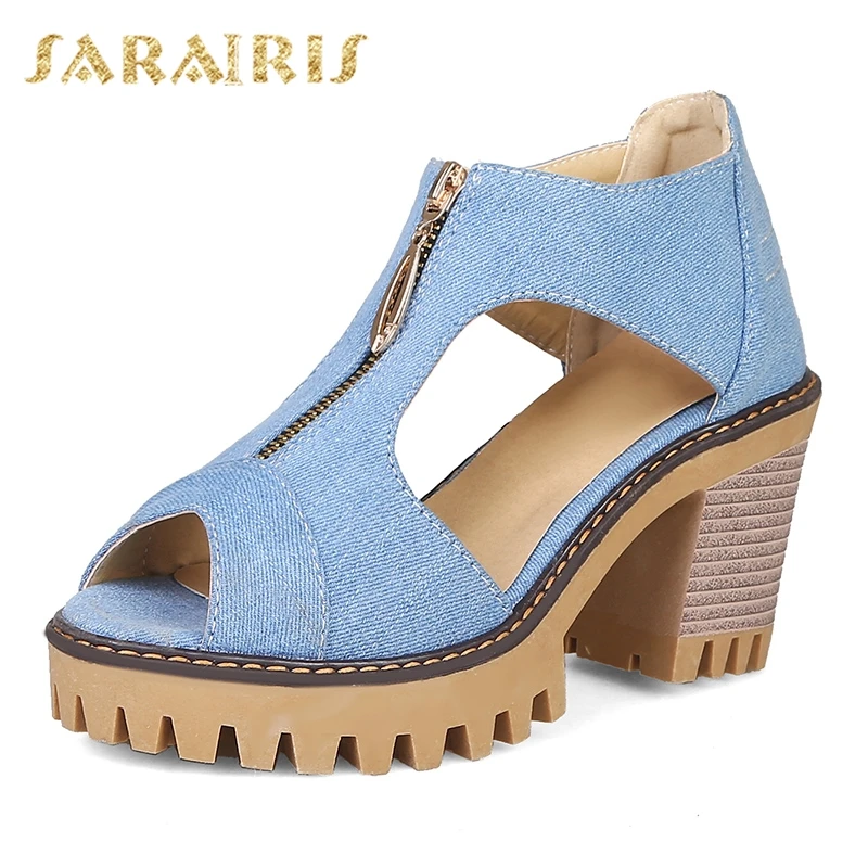 

SARAIRIS Brand hot sale big Size 34-43 denim wide high heels platform zip women shoes woman casual party ol summer sandals