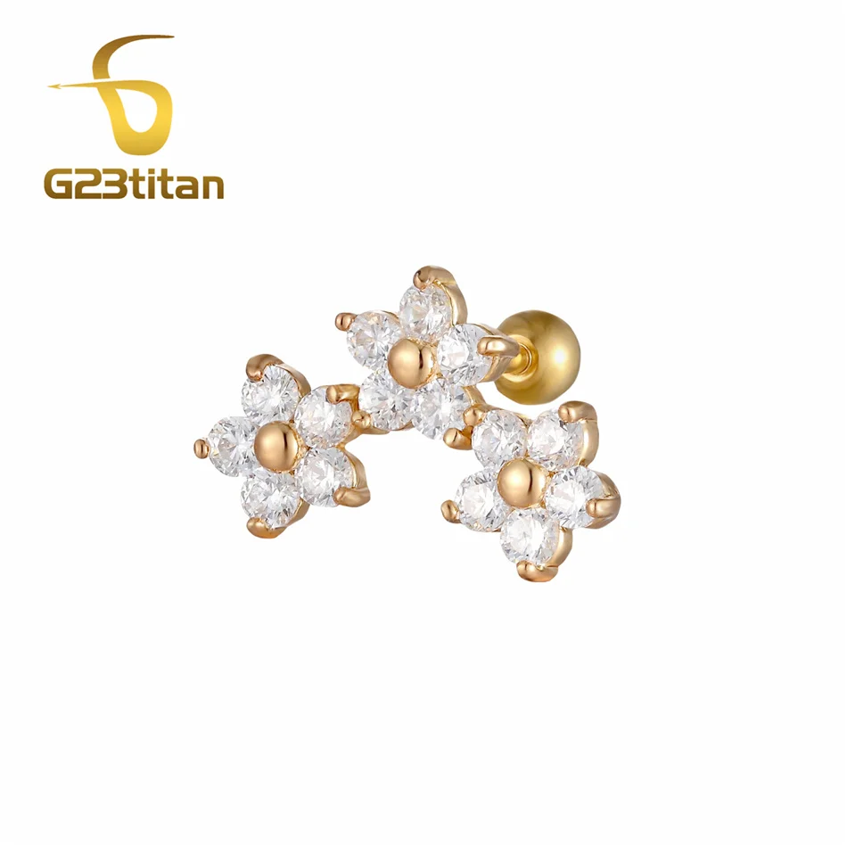 

Polishing Gold Color Crystal Flower Ear Helix Tragus Cartliage Earrings with Piercing Needles Fashion Ear Piercing Body Jewelry