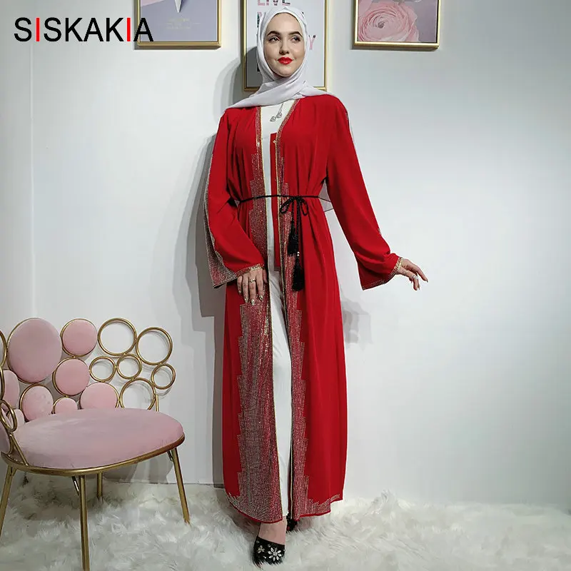 Siskakia модный мусульманский кардиган Abaya роскошный однотонный исправление стразы