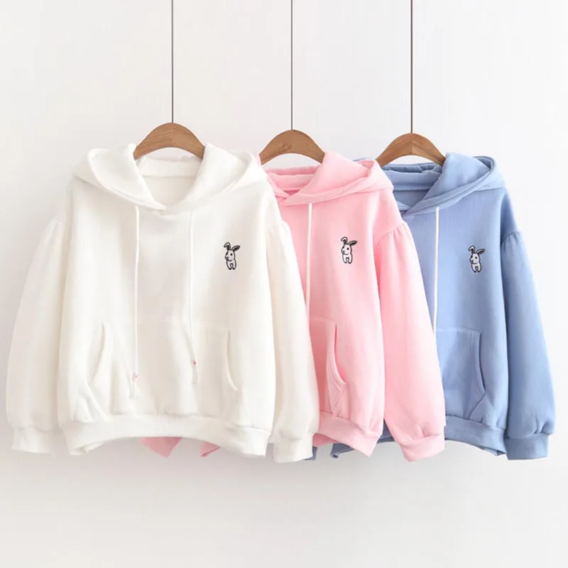 

Womens Hooded Drawstring Sweatshirt Cute Rabbit Embroidered Bunny Ears Hoodies Tops Coats Pullovers Blouse For Girls Spring 2019