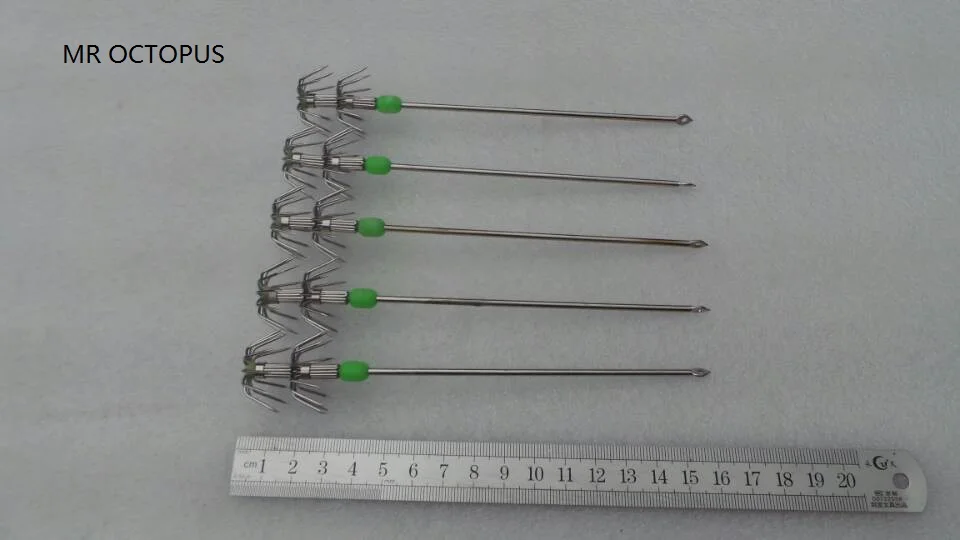 

MR OCTOPUS ,20pcs fishing hooks , squid hooks,squid jigs,silver colour, 15cm,luminous green bead .stainless steel jigs