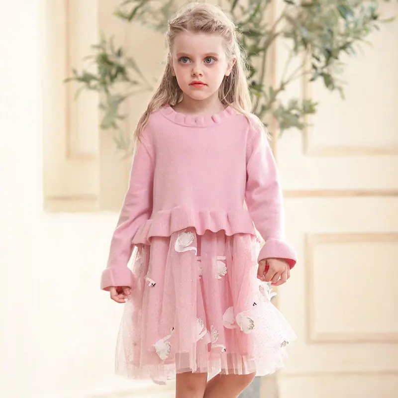 Милое детское осенне-зимнее платье-пачка платье принцессы с длинными рукавами и рюшами и принтом лебедя для маленьких девочек Одежда для девочек