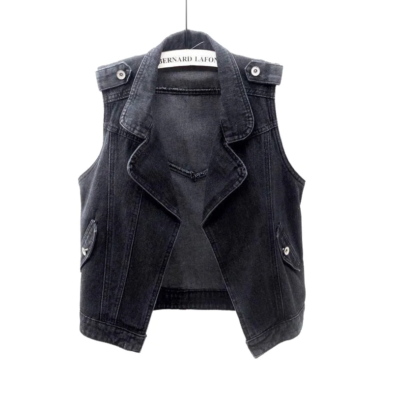 

Plus Size Short Women's Jeans Vest Black Lapel Denim Outerwear Vintage Slim Waistcoat Casual Sleeveless Vest Wild Coat Female