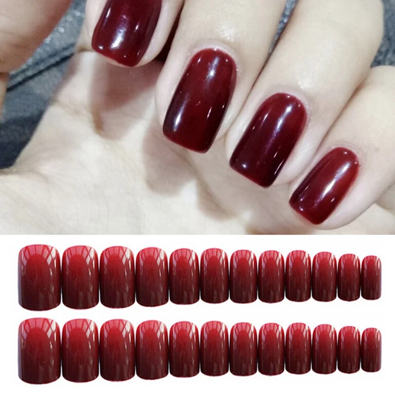 

24Pcs Elegant Wine Red Christmas New Year Fake Nails Press on Nail Artificial Nail Tips with Glue Sticker Faux Ongles Unhas Gift